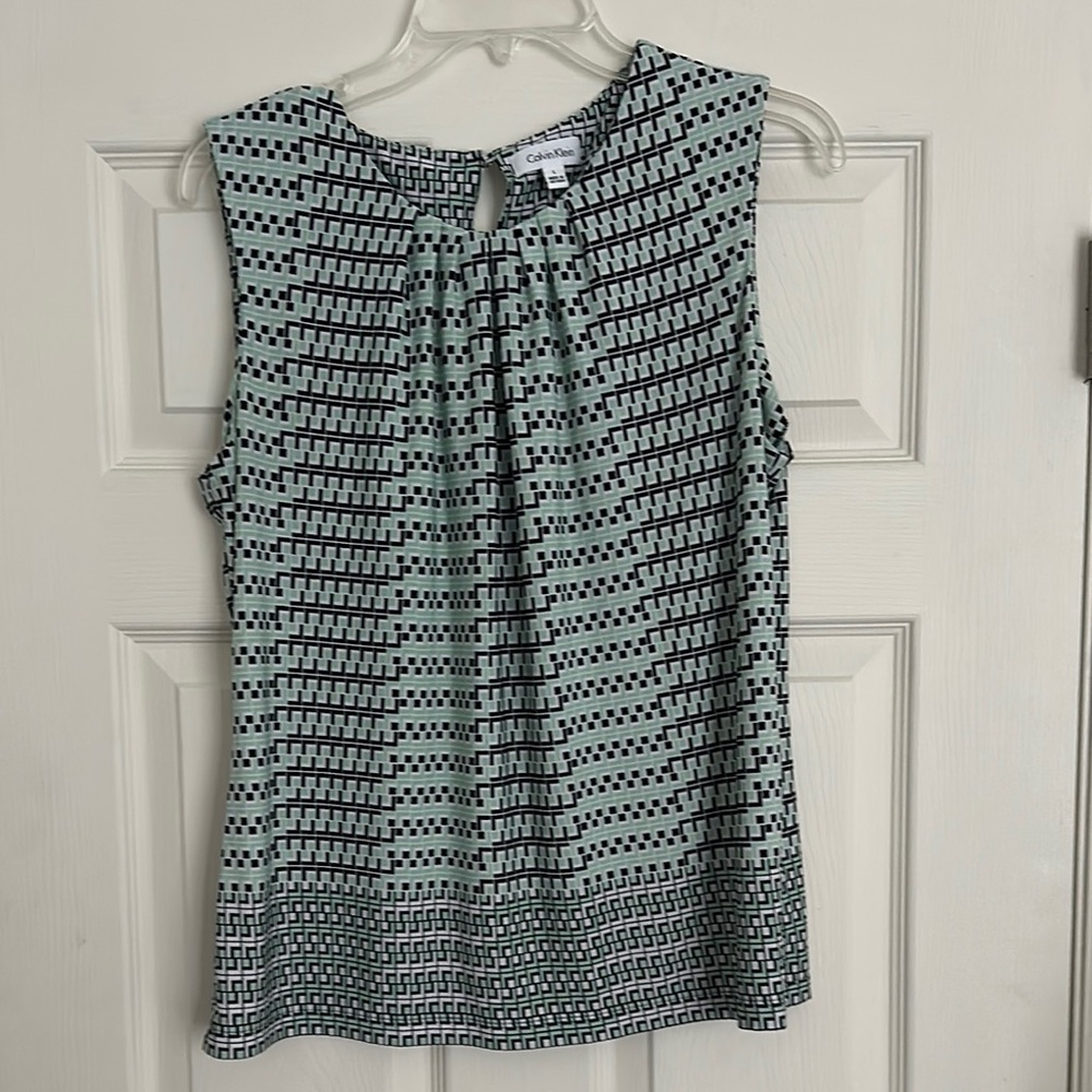 Charming Charlie Blue and White Pleated Sleeveless Blouse
